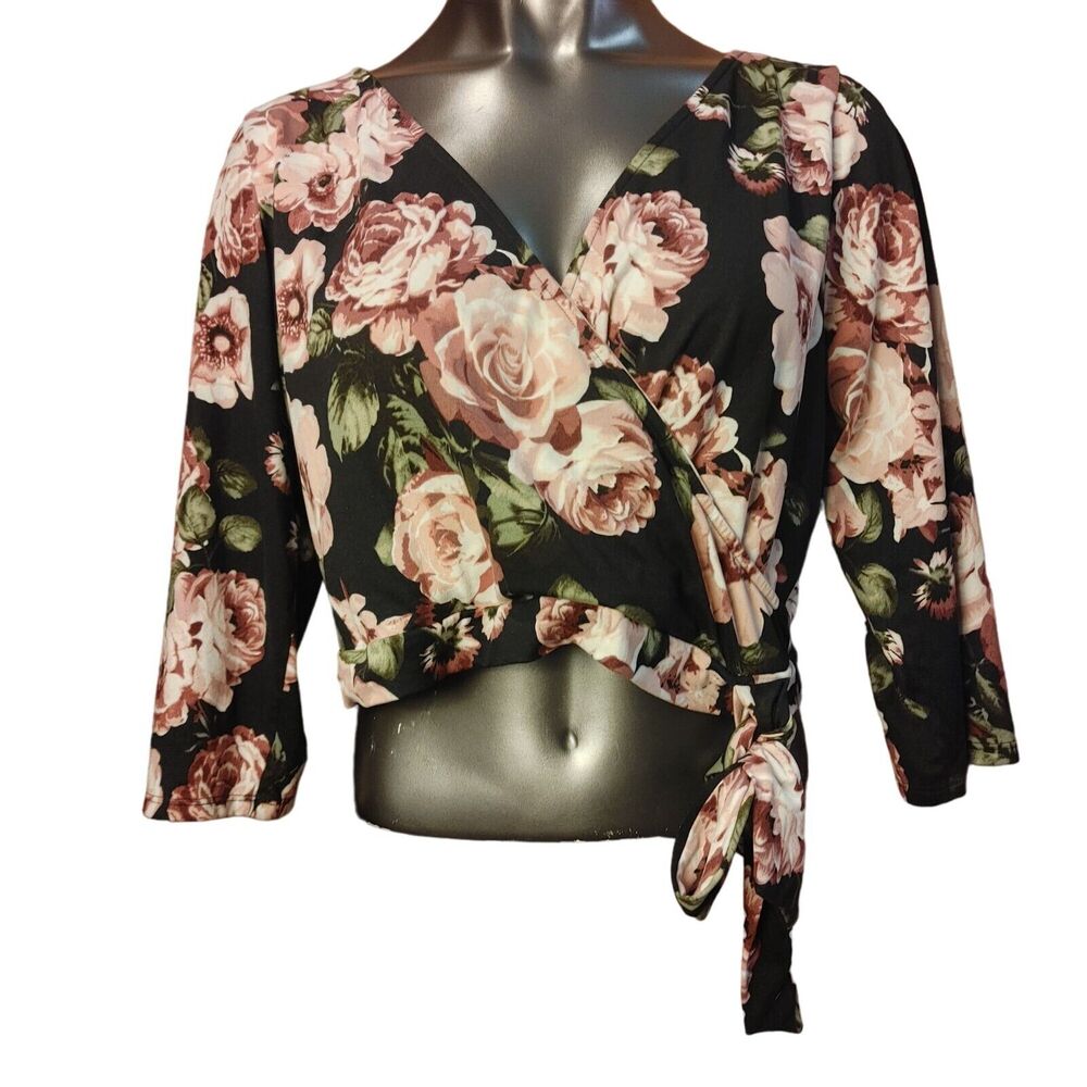 Curvy Sense Women's Floral Black/Pink Wrap Cropped Long Sleeve Top 2X